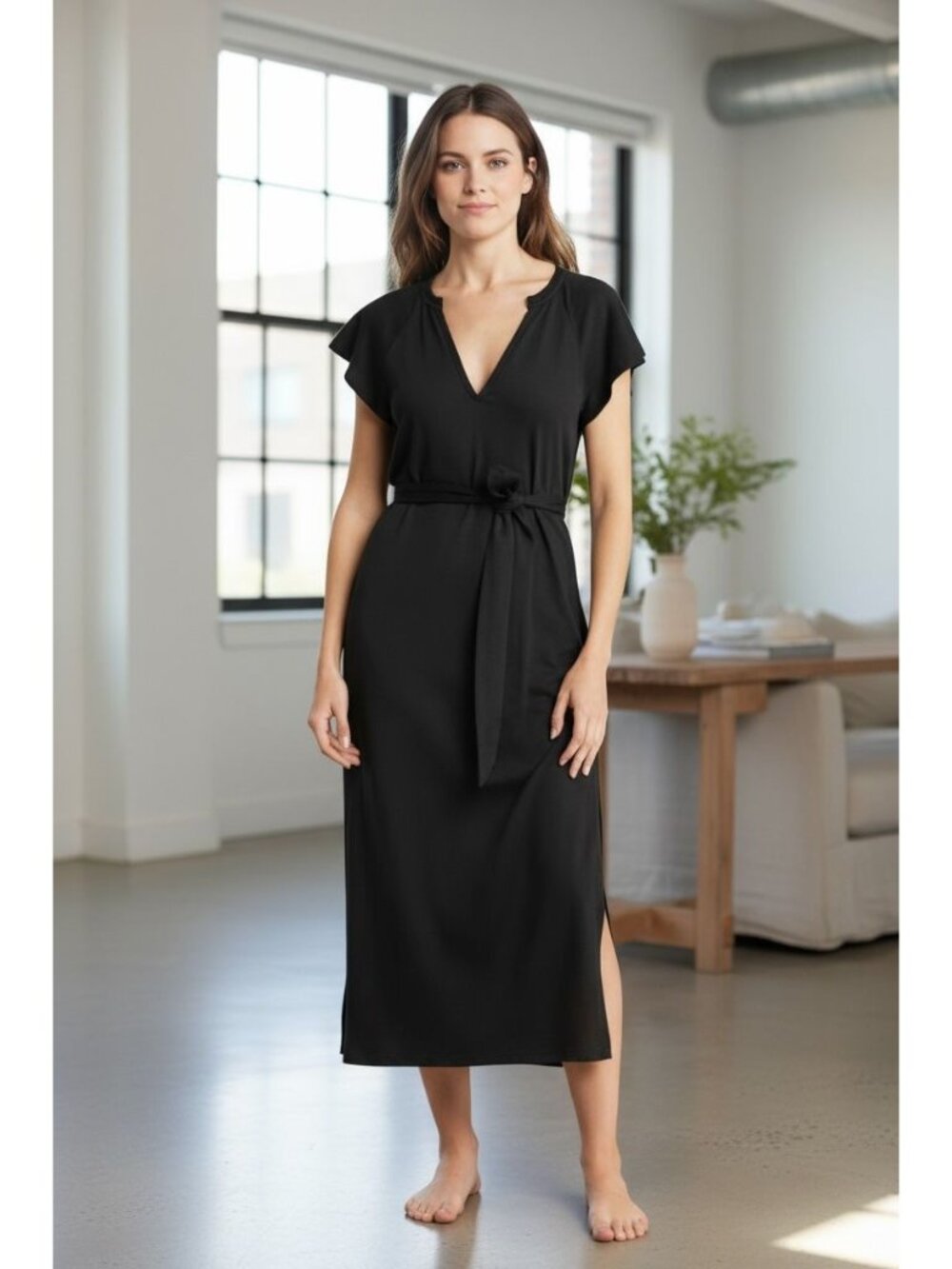Paige Black V-Neck Midi Dress With Flutter Sleeves & Tie Waist For Women SMALL